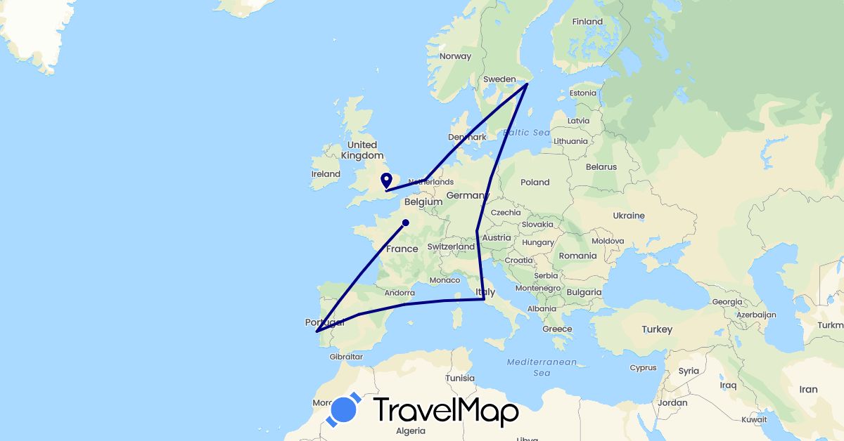 TravelMap itinerary: driving in Germany, Spain, France, United Kingdom, Italy, Netherlands, Portugal, Sweden (Europe)
